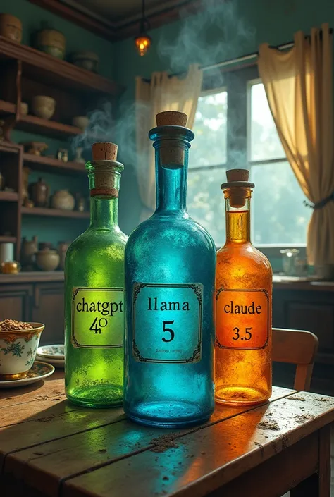 Fantasy art of three antique glass bottle magic potions in an old abandoned cafe shop: the first one is green with the label "ChatGPT 4o", the second one is blue with the label "Llama 3", the third one is orange with the label "Claude 3.5".