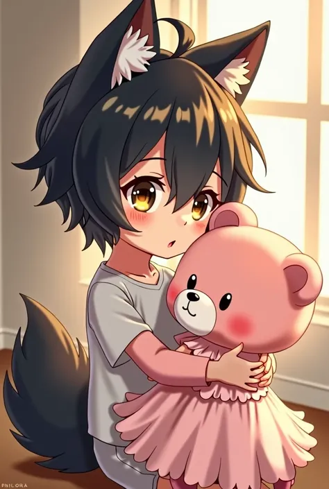 Black haired boy, golden eyes and Asian features that has a tail and two wolf ears, He is playing with a pink teddy bear wearing a dress. All in anime version.