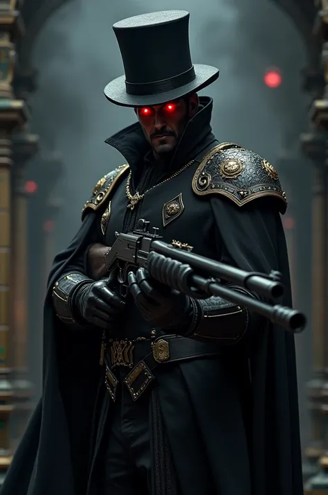 Red-eyed man in dark armor is wearing a magician&#39;s top hat, usando uma shotgun, posh