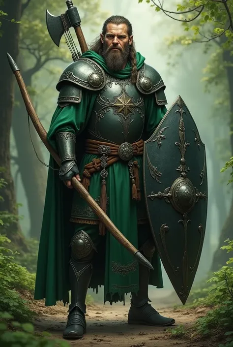 Create a human male druid with emerald green iron armor and who has as weapons a short axe, a bow and a black shield and who is around 2, Middle Ages 