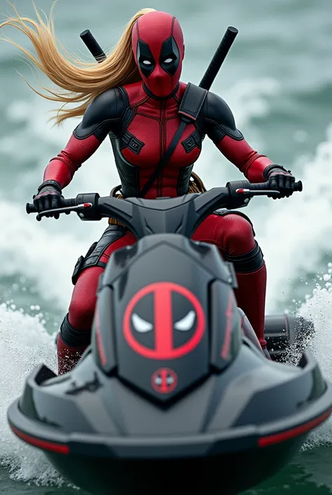 (((Red and black one-piece suit))),(((Deadpool logo on his belt))),(((Symbiote fused with Lady Deadpool))),(((A beautiful woman with long blonde hair under the mantle of Wanda Wilson aka Lady Deadpool))),(((Lady Deadpool emblem on the jet ski))),(((red glo...