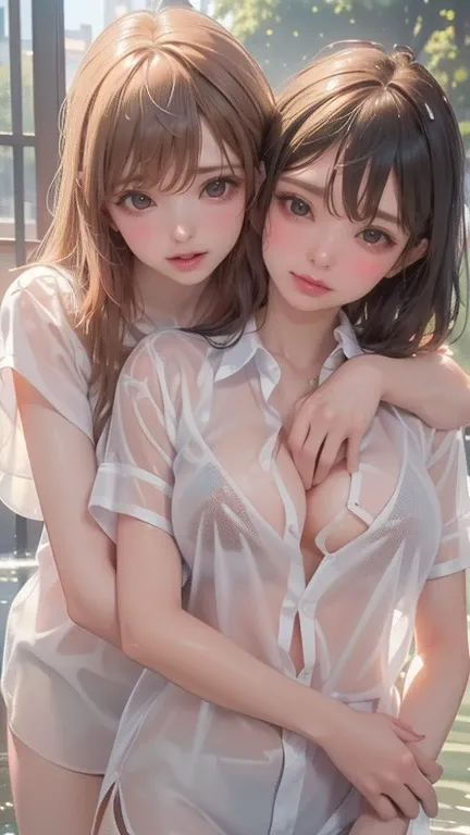 Detailed image quality，clear and beautiful eyes，，high quality，(best quality, masterpiece, Very detailed, ((masterpiece), best quality, (16K,Ultra-high resolution, Two girls, Wet shirt, See-through shirt, Embrace, Embrace, no