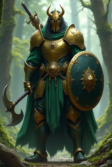 Create a human male druid with emerald green iron armor and who has as weapons a short axe, a bow and a black shield and who is around 2 and a golden metallic helmet that covers his face