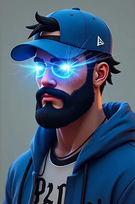 Male character with a blue hat turned backwards with a backwards peak with Black&#39;s beard from Free Fire with a shirt with black and white details, a blue sweatshirt with blue sparks coming out of the eye