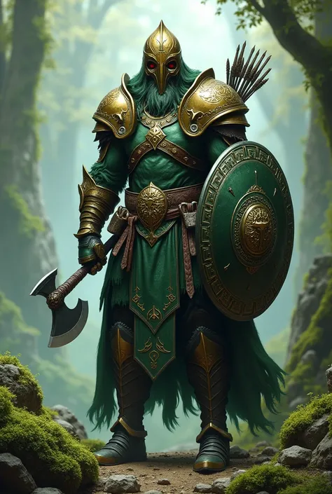 Create a human male druid with emerald green iron armor and who has as weapons a short axe, a bow and a black shield and who is around 2 and a golden metallic helmet that covers his face, having the bow in his hand and the axe on his back