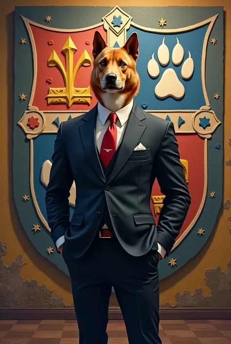 a dog with a suit in the background a mural with a shield of a dog&#39;s paw, a little muscular composure


