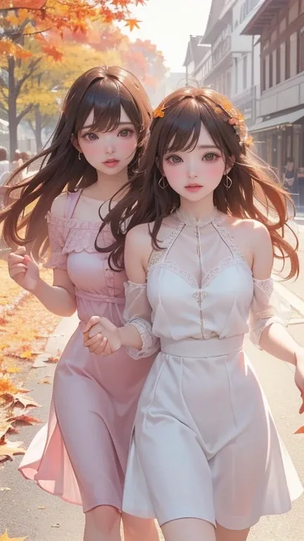 Detailed image quality，clear and beautiful eyes，，high quality，(best quality, masterpiece, Very detailed, ((masterpiece), 2 girls, run each other, autumn, maple,  A happy smile, A girl ran from behind, cleveage, Holding Hands, chic clothes