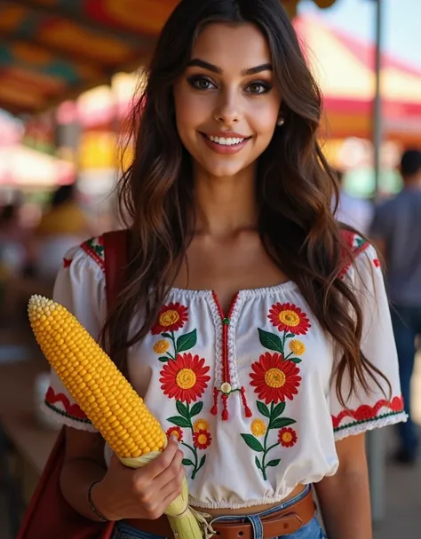 Beautiful light skinned Mexican woman, slim, stomach 1.55 meters high, 20 year old sexy girl, with light brown eyes, brown hair and big eyes. Wearing a traditional blouse embroidered with brightly colored flowers, combined with a short skirt that shows off...