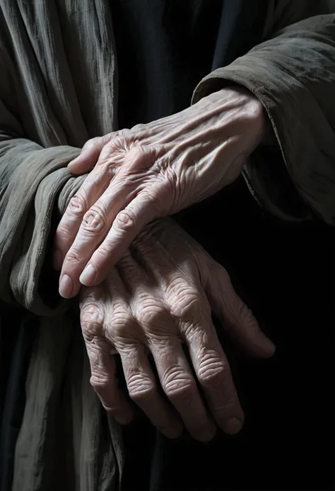 Pale, wrinkled hand on a person&#39;s shoulder, with a dark and gloomy background. The hand seems cold and ancient, as if it belonged to someone trapped in time.