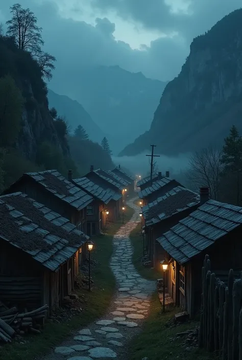 a small mountain village with poor alleys, villagers, old houses, extremely detailed, night, gloomy, eerie, high angle view