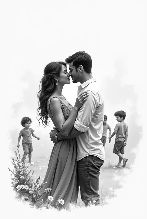 Black and white drawing In the center of the painting a couple in love. In the lower left corner there are some flowers. There are children playing in the background of the easy couple to draw