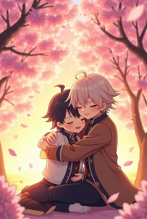 







Create an image with the following characteristics: kaedehara kazuha (genshin impact) Hugging Xiao in a friendly manner (genshin impact), bottom: Cherry blossom tree in the sunset, Activity: Hugging each other while both smiling , Emotional state: ...