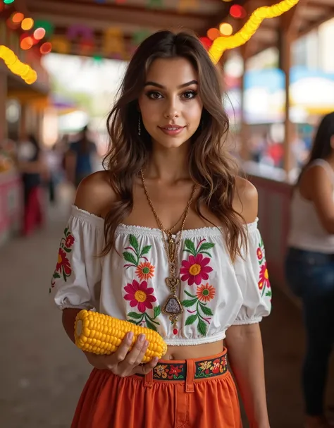 Beautiful light skinned Mexican woman, slim, stomach 1.55 meters high, 20 year old sexy girl, with light brown eyes, brown hair and big eyes. Wearing a traditional blouse embroidered with brightly colored flowers, combined with a short skirt that shows off...