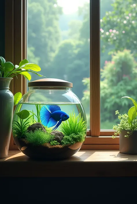 In a room a planted square tank contains a beautiful blue fish situated besides window, outside of window is beautiful natural scenario