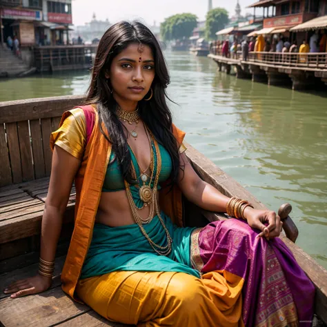 An hindu woman wearing the tipical shari, very colourful, seat on the river Ganges side in steam punk style. 