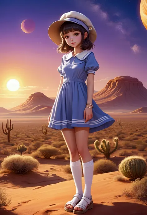 1girl,upper_body,  Babydoll dress, White knee-high socks, Platform sandals, Beret, and dainty charm bracelet., Scenic desert landscape illuminated by the glow of a distant, alien sun