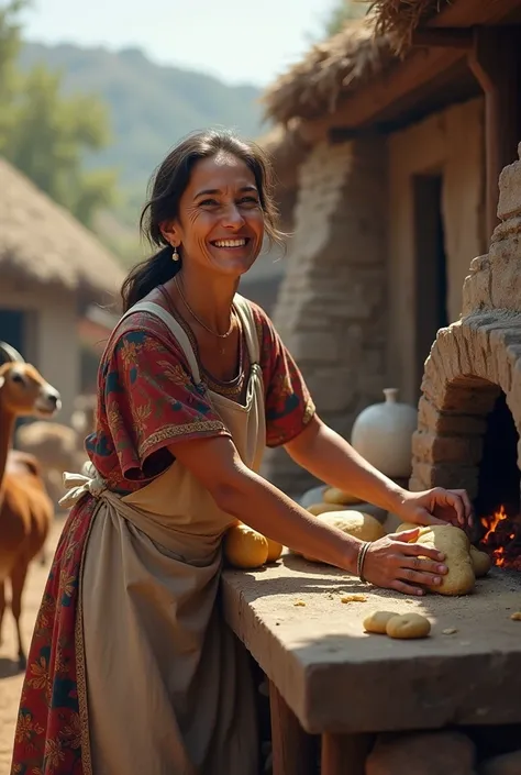 Create me a village woman 33 years in Turkey with the typical village clothes and animals around her photo realistic, she laughs and makes bread realistic photo