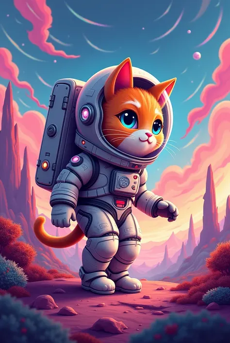 An astronaut cat exploring an alien planet, with vibrant colors and cartoon style.spying
