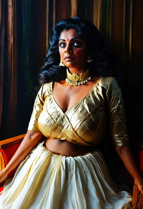 (((photo of a ancient kerala hindu devi))), (((black royal lady))) ,(((eyes))) ((((legs wide open)))), ((((sat on golden haven chair))), (((Half Body))), (((very dark skin))), (((age 35+))), (((((very dark nipple and areola))))), (((plus size chubby tall))...