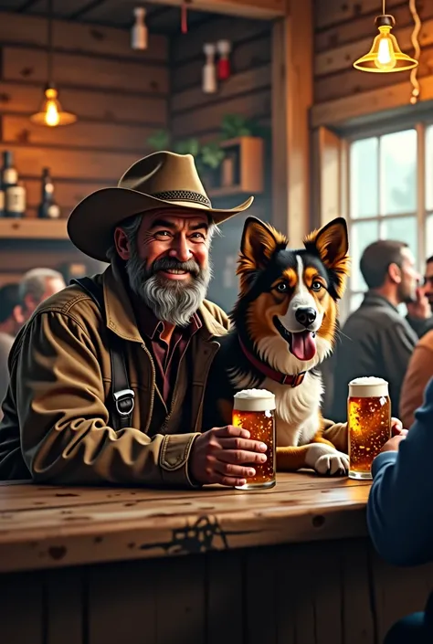 A very happy hunter drinking a beer with his dog sitting at the bar of a bar