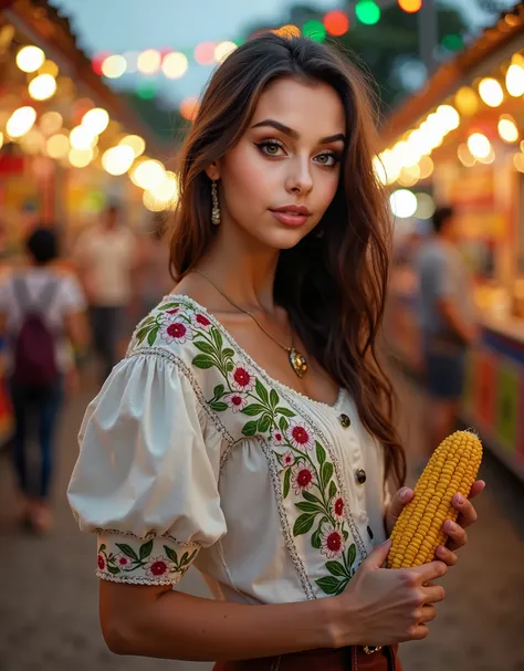 Beautiful light skinned Mexican woman, slim, stomach 1.55 meters high, 20 year old sexy girl, with light brown eyes, brown hair and big eyes. Wearing a traditional blouse embroidered with green colored flowers, bright white and red, combined with a short s...