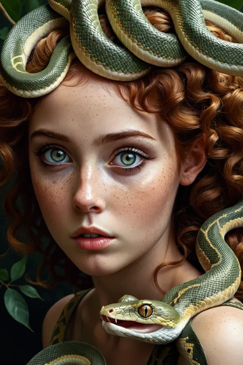 girl with big eyes, pretty, freckles on the face, snakes in the hair, Medusa, mythology artwork