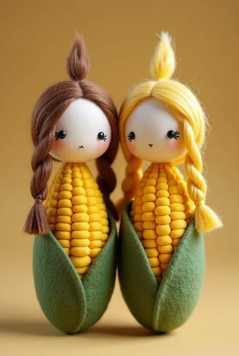 Two mini dolls with light brown and golden yellow hair, styled in twin braids. The dolls body is shaped like a corn cob, made from yellow cotton fabric with soft, raised flannel kernels to mimic the texture of corn. The bottom part of the dolls body is wra...