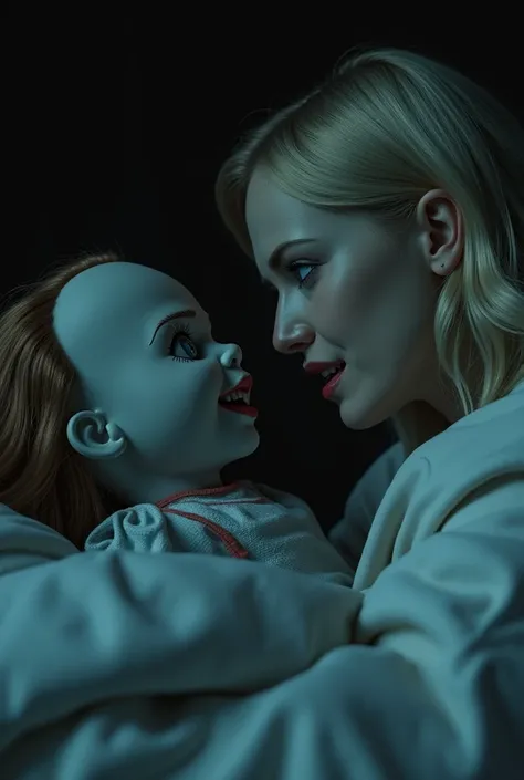 Imagem 2: Whispers in the Dark Visual Description: The camera focuses on the doll&#39;s lips, that seem to open as if whispering something directly into Clara&#39;s ear. The doll&#39;s expression is even more evil, with a smile that seems to widen as he wh...