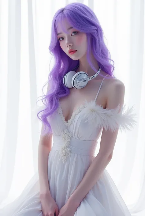 Korean purple hair butterfly woman with headphone and feather simple couture look and headphone necklace realistic background white background couture dress full body