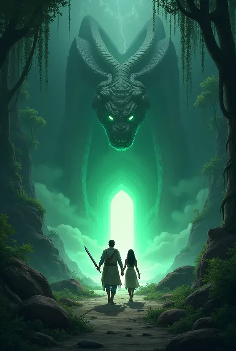 Quest for the TrishulaPrompt: "In the heart of the mystical Vindhya forests, Vikramaditya and Maya approach a hidden cave entrance guarded by a colossal Naga serpent. The forest is lush and dense, with vines hanging from towering ancient trees. The cave em...