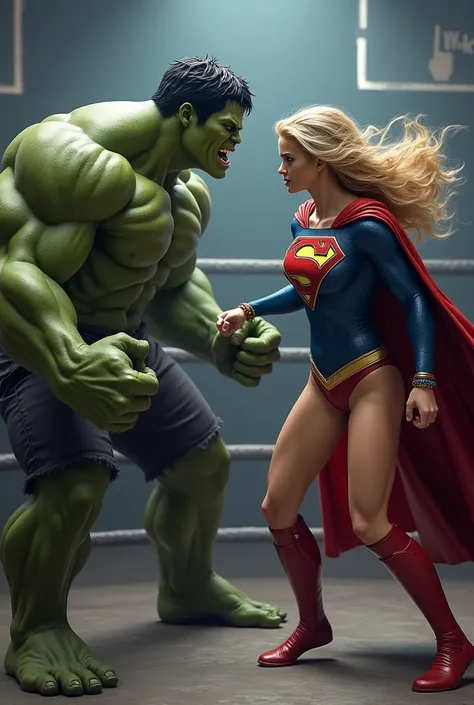 Create a picture of Two People: 1.1 an attractive blonde girl with blue eyes is super girl;  1.2 a sexy athletic woman, strong, large green skin, es SHE HULK, They are in an MMA ring, fighting pose.