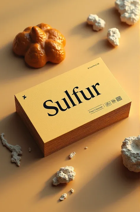 Generated a sulfur-themed business card. The center part should have the word sulfur with a tone of the same giving medicinal details in the surrounding parts