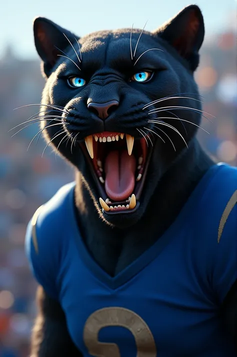 BLACK PANTHER WITH BLUE EYES AND BLUE T-SHIRT ROARING AND CHEERING FOR THE TEAM