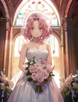 sakura haruno, ((standing alone)), standing alone, bride, Usando um vestido de bride branco, Queen, glad, ((forehead to show)), standing, entering the church, pink  hair, shorth hair, dainty, Youngh, shorth hair, face detailed, High definition, ((whole bod...