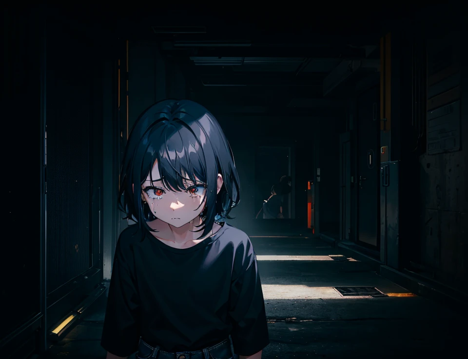 crying boy, led screen format,short hair, dark blue hair,  child, height 1.25, dark shirt, dark grey bermuda, city background, ruined city, llamas, woman on the floor, black fur, Medium long hair, red and yellow blouse, light blue jean