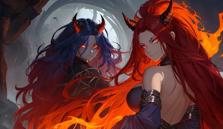 a female demon with midnight blue skin and glowing amber eyes. her hair is a wild mane of fiery red, cascading down her back. sh...