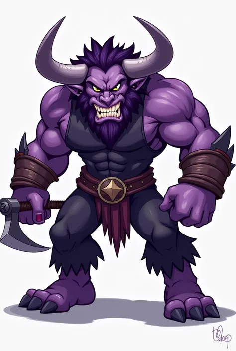 Purple Dwarf Minotaur, with an angry face, holding a small sickle, I created a logo, with pants, with tank top, similar to the angry one from the blessing of Neves 