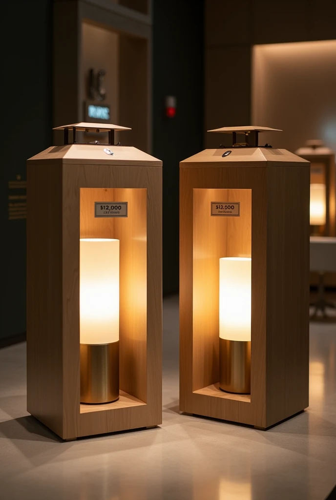 Two containers with lamps similar in design and quality, both with labels showing "$12,000."