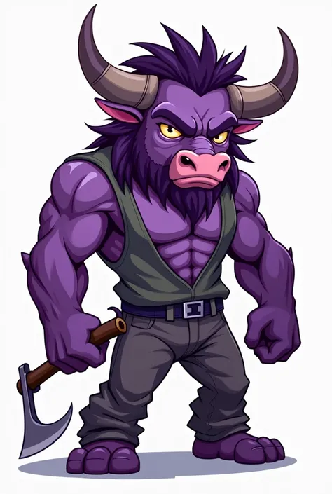 Purple Dwarf Minotaur, with a frown, holding a small sickle, I created a logo, with pants, with tank top, similar to the angry one from the blessing of Neves 