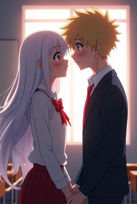 Screenshot of Baku no hero academia.light skinned woman.teenager.big bright brown eyes.beautiful.long white hair.face of tenderness.wearing the formal uniform.standing in UA class while kissing bakugou katsuki blonde haired man. red eyes. Wear the day unif...