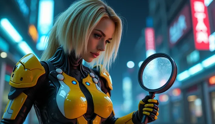 Keep the armor futuristic technology. You do NOT have to wear a helmet. I want it to be seen that it is a female human person maintaining the futuristic work. Place it in a city with RTX neon highlights. The character must be with a magnifying glass in his...