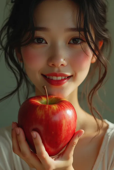 I want a woman holding an apple in her hand but only her smile shows without her book cover style face. 