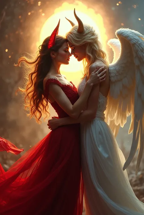 A very pretty devil dressed in red and an angel with white wings and blonde hair and blue eyes, going with love and passion in the beautiful world of light and hell