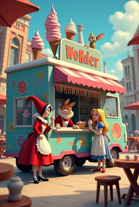 You can take a picture of an ice cream truck based on Alice in Wonderland. With the queen of hearts serving ice cream. Alice as a waitress and the Cheesy Cat as an advertising professional. There are also tables around.  and that the truck has a name: wond...