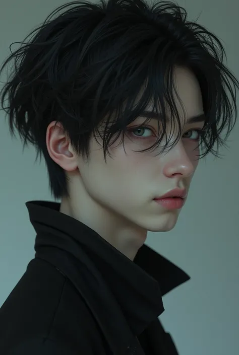 a black haired boy, grey eyes, pale, delgado, high, handsome, mysterious 
