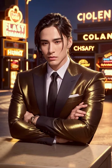 a handsome man, 1 man, hyper-realistic portrait, detailed facial features, chiseled jawline, piercing eyes, lush hair, confident posture, in a fancy business suit, In front of a casino, golden hour lighting, cinematic composition, vibrant colors, photoreal...