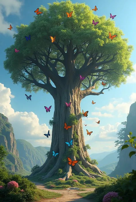 create a tree that will have butterflies instead of leaves, large and tall, good quality, realistic graphics