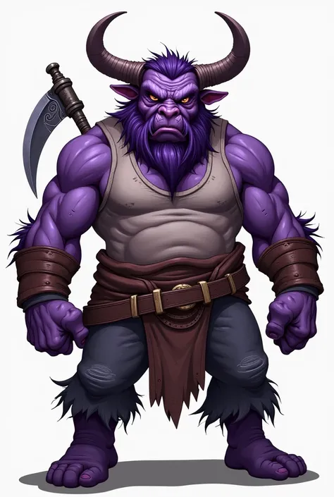 Purple Dwarf Minotaur, with a frown, holding a small scythe on his shoulder, I created a logo, with pants, with tank top, similar to the angry one from the blessing of Neves 