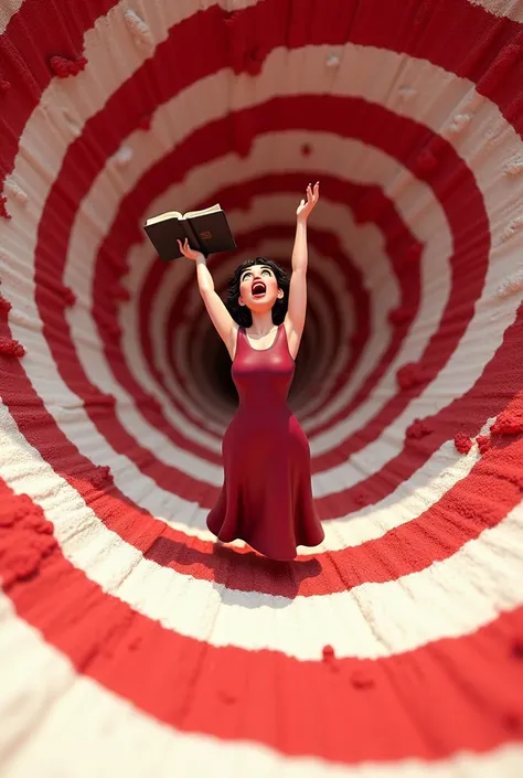 a close up of a vermelho e branco striped background with a spiral, fundo branco vermelho, vermelho e branco stripes, motivo de hortelã-pimenta, personagem 3D, cartoon a bible saleswoman wearing a wine dress, preaching, screaming, holding high a bible, fal...