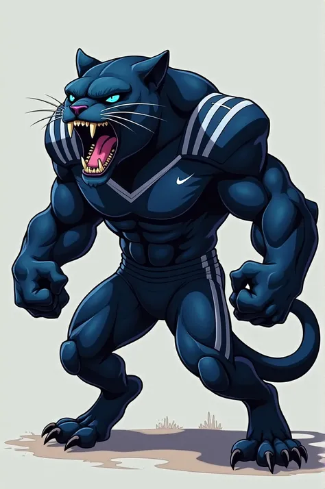 Full body panther with blue eyes and in sports uniform roaring 